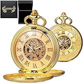 DerMacht Skeleton Pocket Watches Mechanical Roman Numerals Dial with Box and Chains for Mens Women