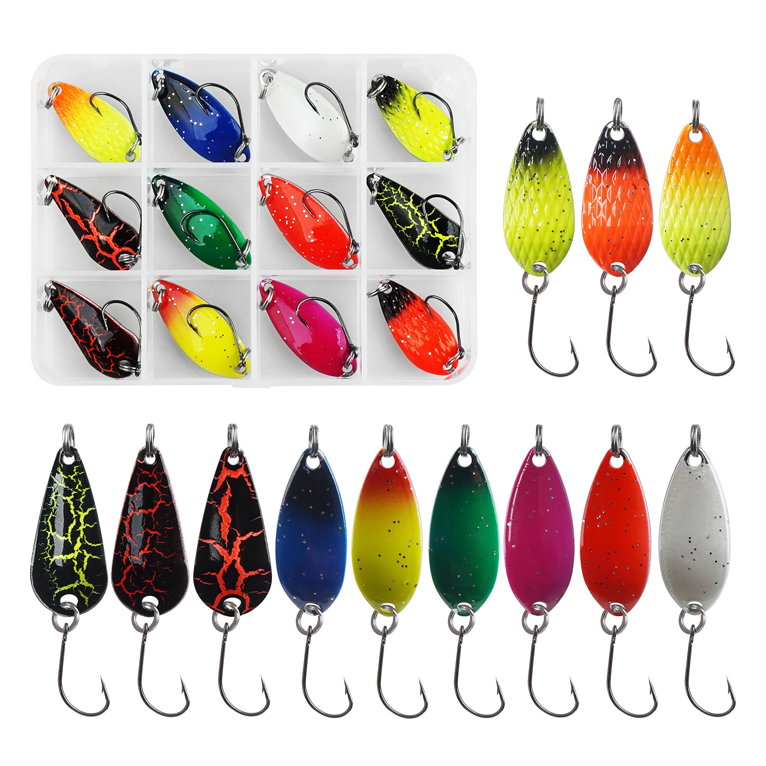 Trout Fishing Spoons Lure Kits-12pcs/set Fishing Spinners Kit Hard Metal Baits Single Hook with Plastic Box for Trout, Char Pike and Perch Fishing Accessories (SET A)