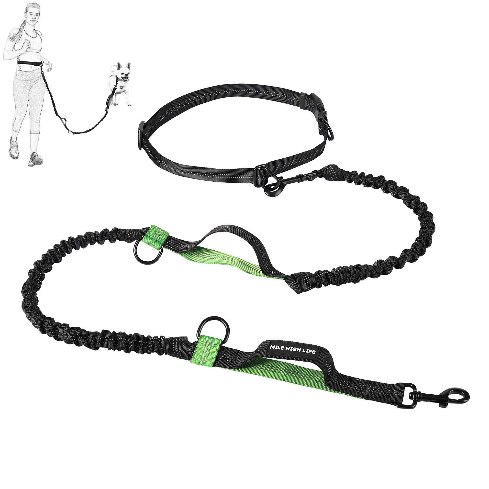 Mile High Life | Retractable Hands Free Dog Leash | Waist Running Adjustable | Reflective Dual Bungees | Dual Handles | Small Medium Large Dogs | (Green)