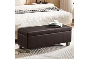 WUTUTUEE 41" Faux Leather Storage Ottoman, Stitch Tufted Rectangle Upholstered End of Bed Storage Bench, Entryway Large Couch Ottoman with Wooden Legs,Brown