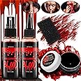 4PCS Halloween Fake Blood Makeup Kit, [Coagulated Blood + Fake Blood Spray 60ML + Dripping Blood 60ML + Black Stipple Sponge], Fake Blood Washable for Clothes Face SFX Wound, Vampire