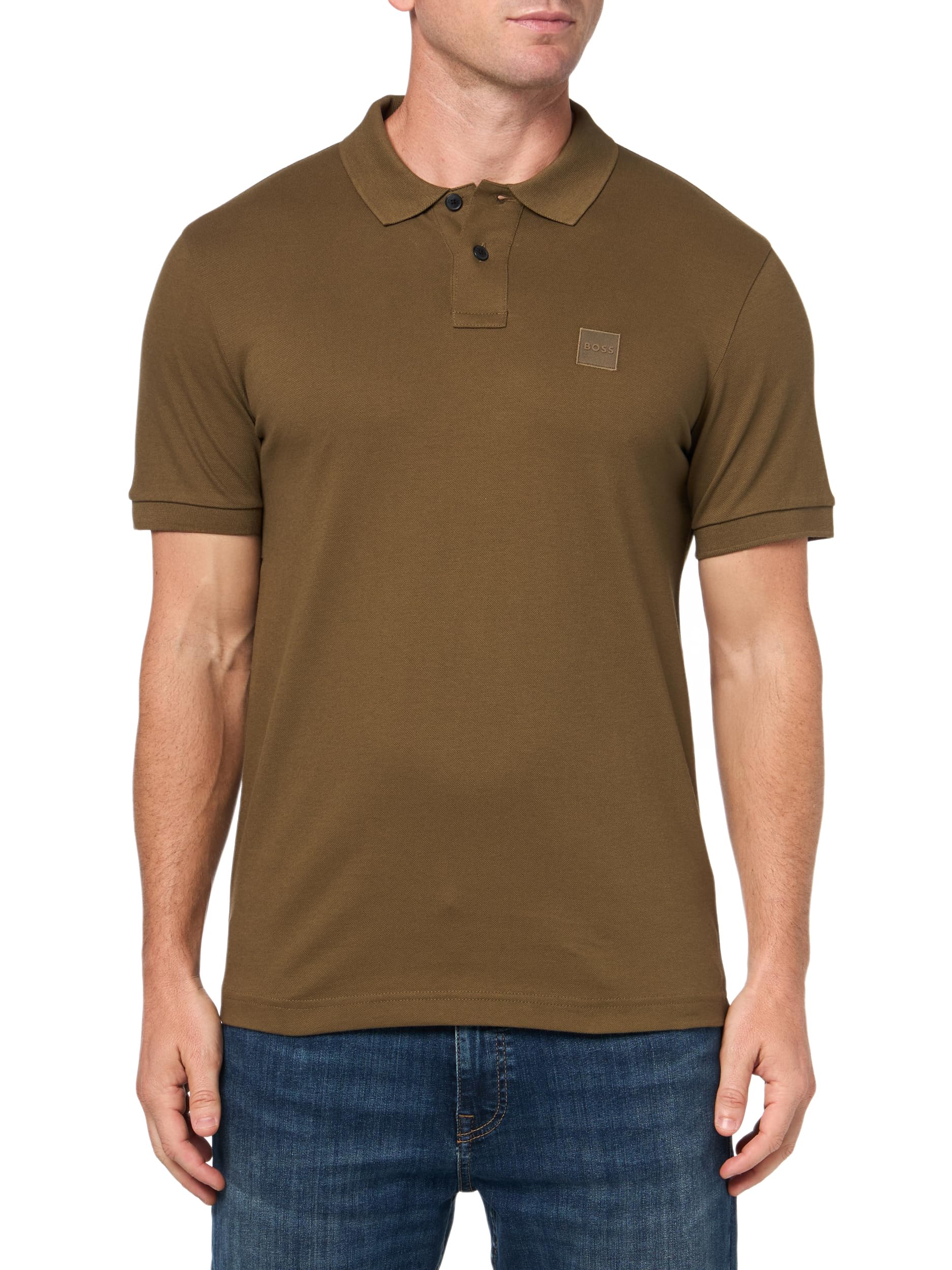 BOSS, Square Patch Logo Slim Fit Pique Polo Shirt, Burnt Olive, M