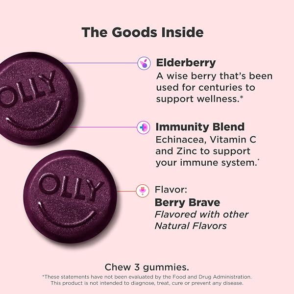OLLY ACTIVE IMMUNITY GUMMY, IMMUNE SUPPORT SUPPLEMENT,* ELDERBERRY, ZINC, VITAMIN C, BERRY FLAVORED, 15 DAY SUPPLY – 45 COUNT