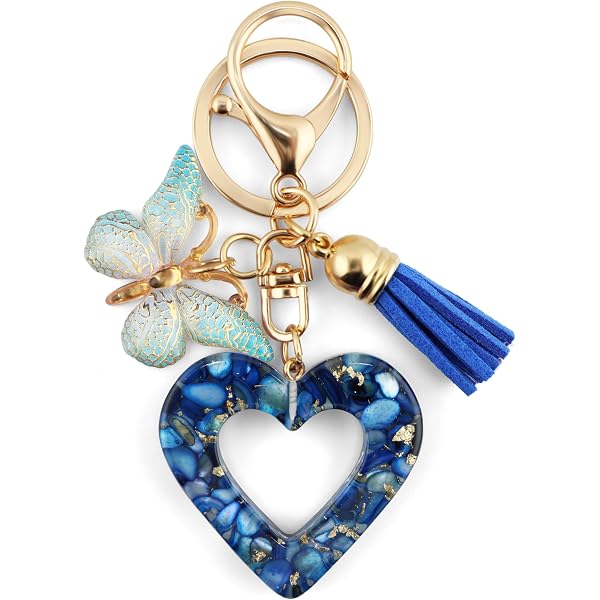 Cute Car Keychain For Women - Sparkly Heart With Tassel Butterfly, Pink & Purple Key Ring