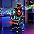 HOFFREE Gaming Chair Massage with Bluetooth Speakers and Led Lights Ergonomic Computer Gaming Chair with Footrest RGB Video Game Chair with High Back Lumbar Support Red and Black