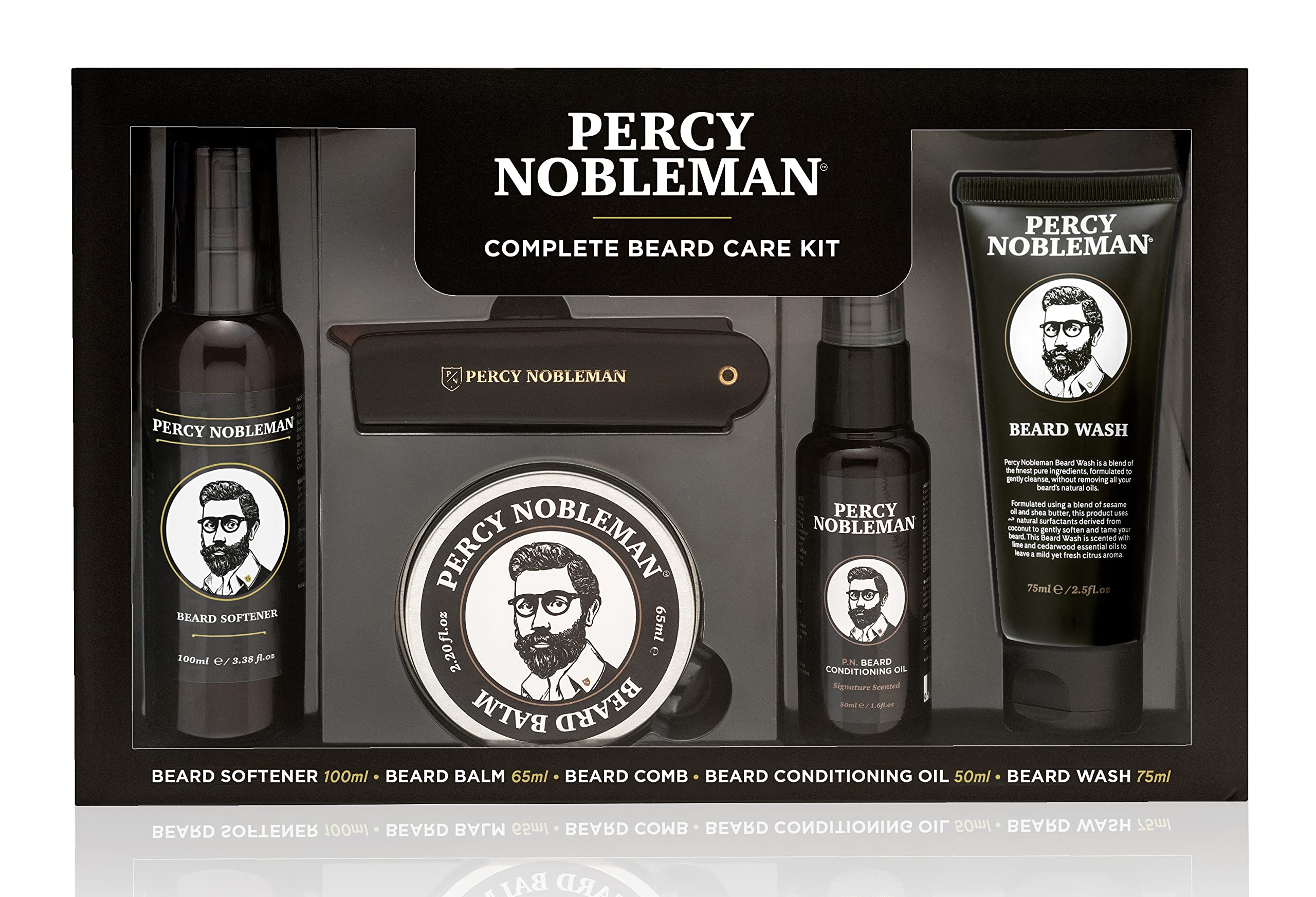 Percy Nobleman Complete Beard Care Kit: Beard Grooming Giftset with Softener, Scented Conditioning Oil, Nourishing Balm, Gentle Beard Wash, Folding Acetate Comb – Gift Set for Growth & Softening