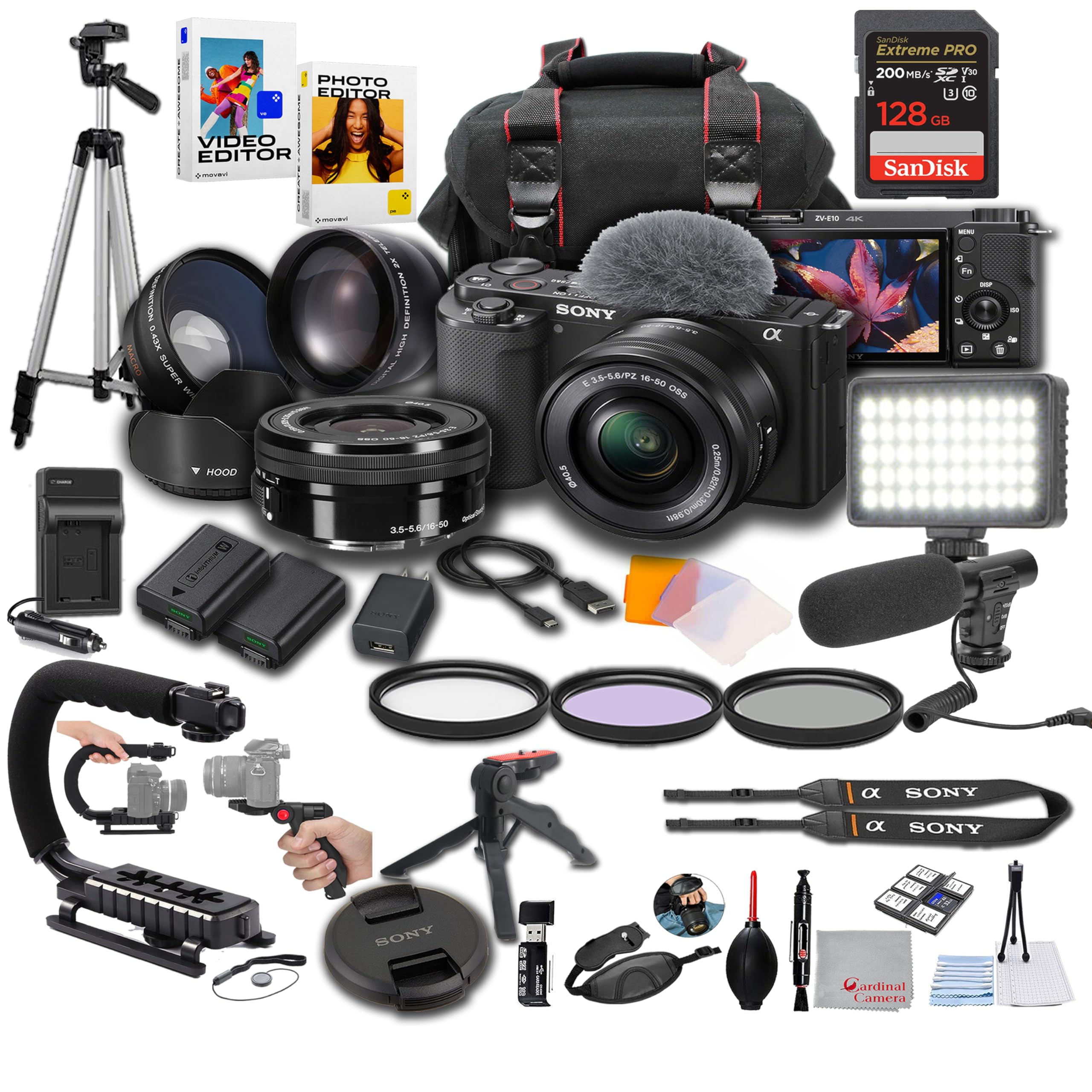 Sony ZV-E10 + 16-50mm Lens, LED Light, Microphone, 128GB Extrem Speed, U-Grip, Filters, Tripod, Case, Software, & More – Pro Video Bundle (38pc)