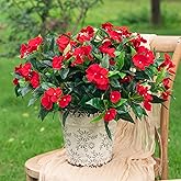 Uqueeten Fake Flowers Artificial Flowers for Outdoor,Artificial Impatiens Bouquet Flowers for Outdoors,Spring Flowers Artificial Impatiens Outdoor Silk Fake Flowers Indoor Decor 4PCS (Red)