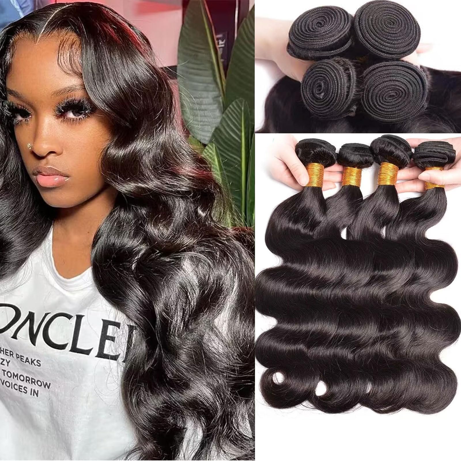 Huarisi Body Wave Bundles Human Hair 4 Bundles 10A Grade 100% Unprocessed Brazilian Virgin Hair Weaves 10 12 14 16 Inch Natural Color Sew in for Full Head — image 1