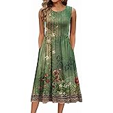 Zeagoo Women Midi Dress Sleeveless Tank Sundress Ethnic Floral Dresses Pockets Casual Crewneck Loose Long Outifts 2025,S