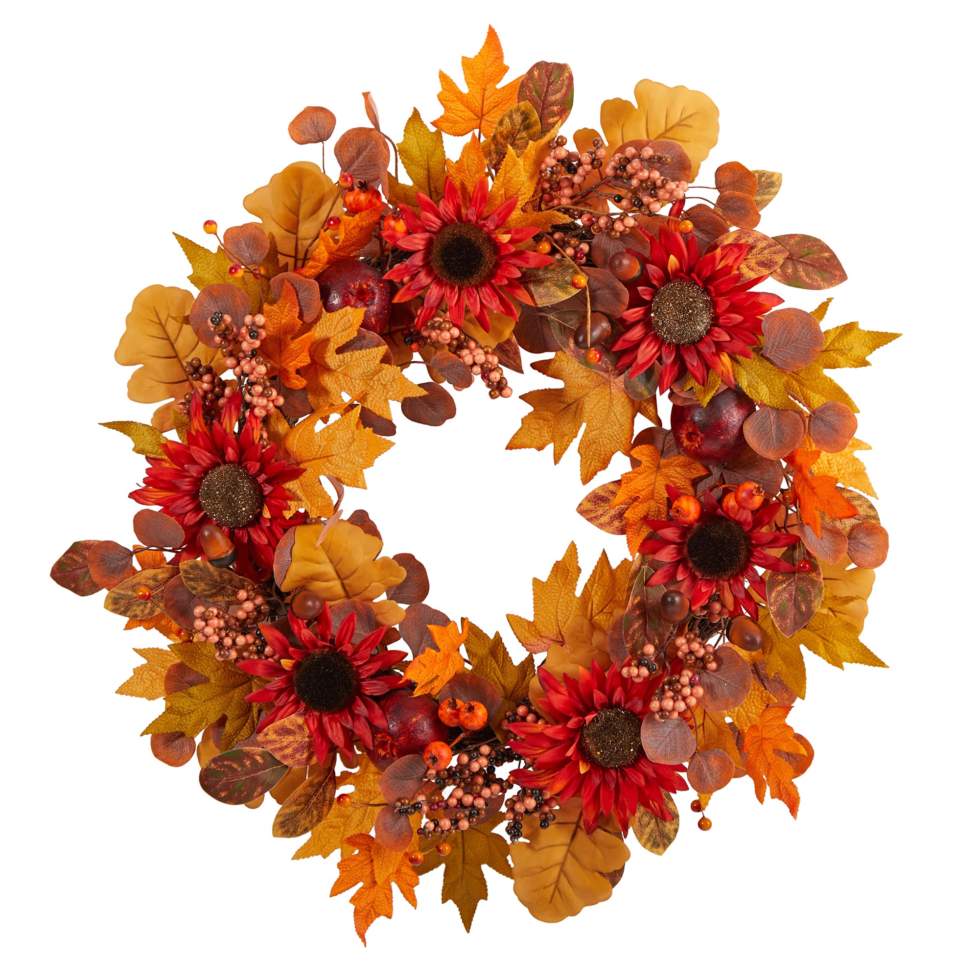 Photo 1 of Nearly Natural 30in. Fall Acorn, Sunflower, Berries and Autumn Foliage Artificial Wreath