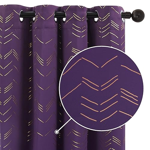 Deconovo Blackout Curtains Gold Zigzag Lines Foil Printed Thermal Insulated Eyelet Curtains for Living Room 46 x 90 Inch Purple Grape 2 Panels
