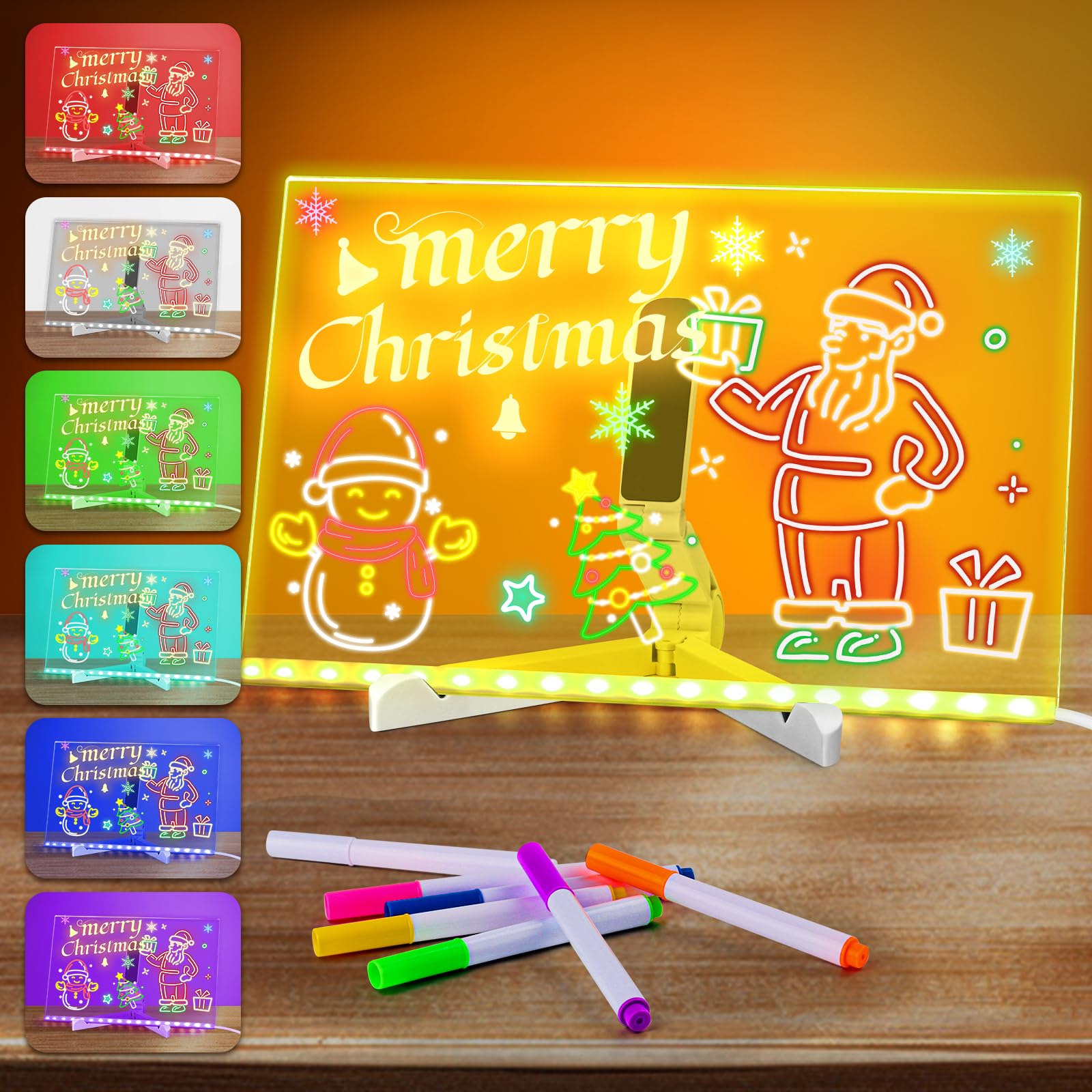 LED Drawing Board with 7 Colour Light Modes, 30×20cm Light Up Acrylic Writing & Message Board, USB Powered Note Board with 7 Coloured Pens, Doodle Memo Board for Kids Office, Café, Home, Gift