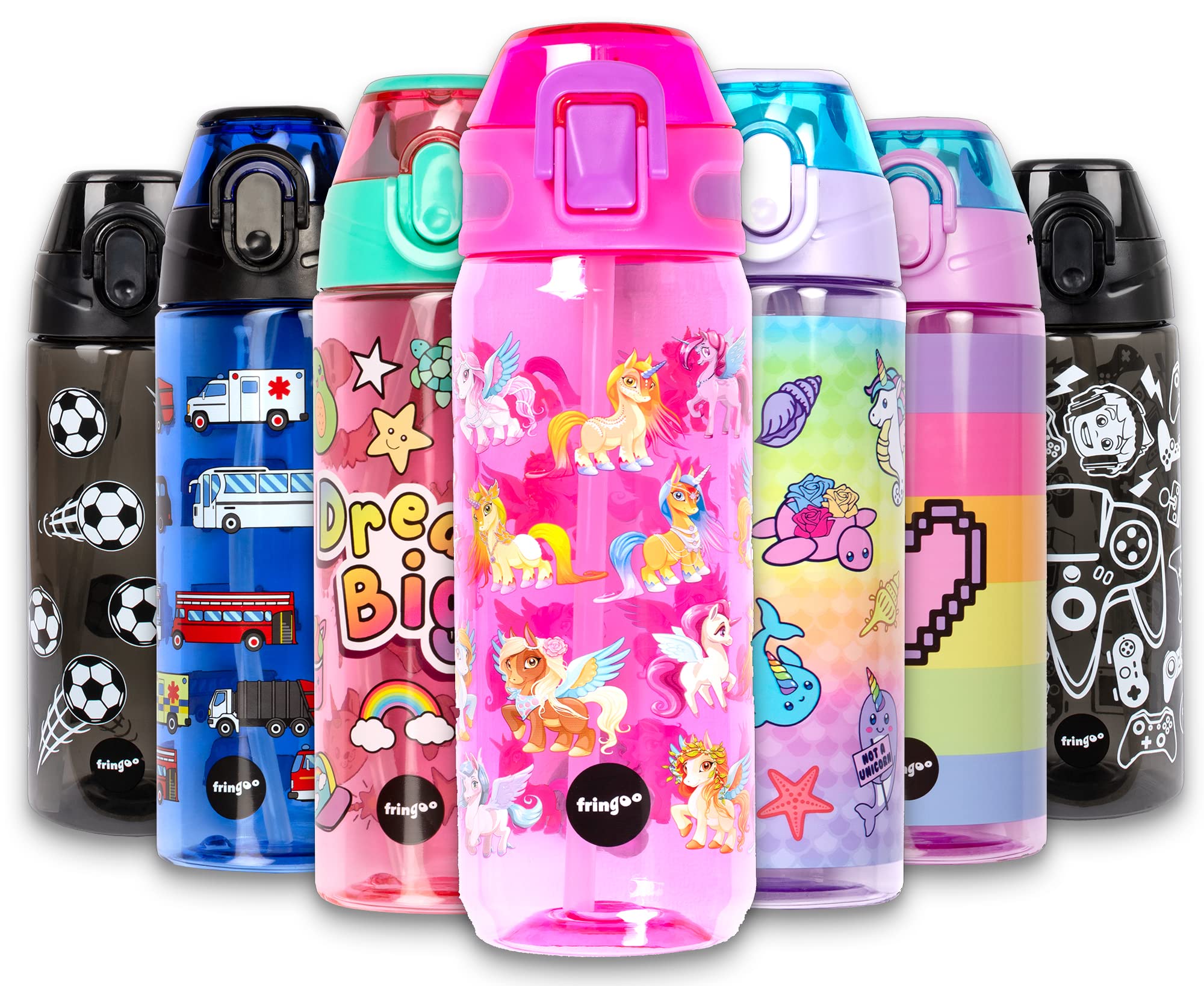 Fringoo - 600ml Kids Water Bottle with Straw & Fliptop Lock - 100% Leakproof - BPA Free 600ml Kids Water Bottle for School - Magic Unicorn
