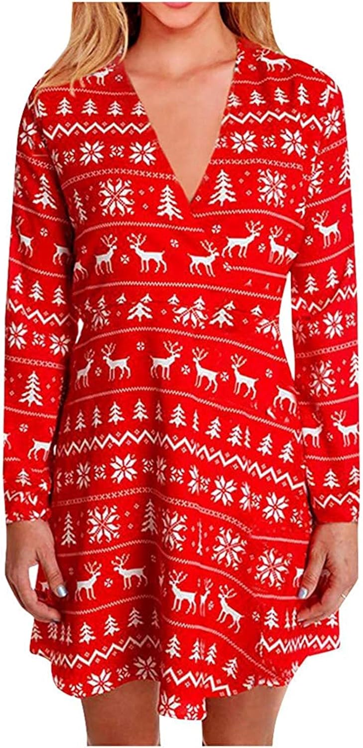 Women Christmas Tunic Dress V Neck Casual Loose Flowy Swing Shift Dresses Amazon.co.uk