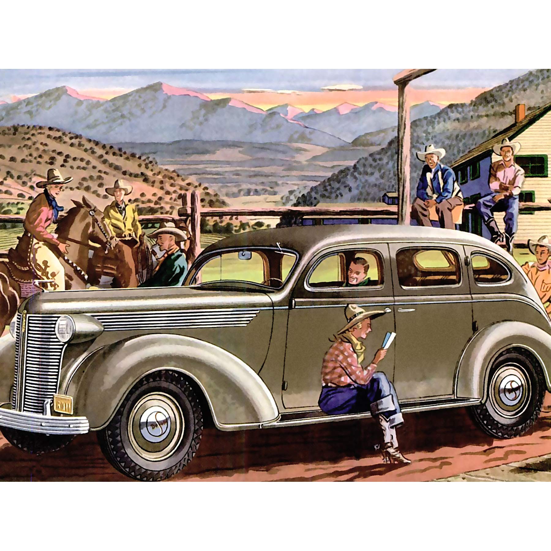 Wee Blue Coo Painting Wild West Cowboy Girl Car Vintage 1937 Art Canvas Print