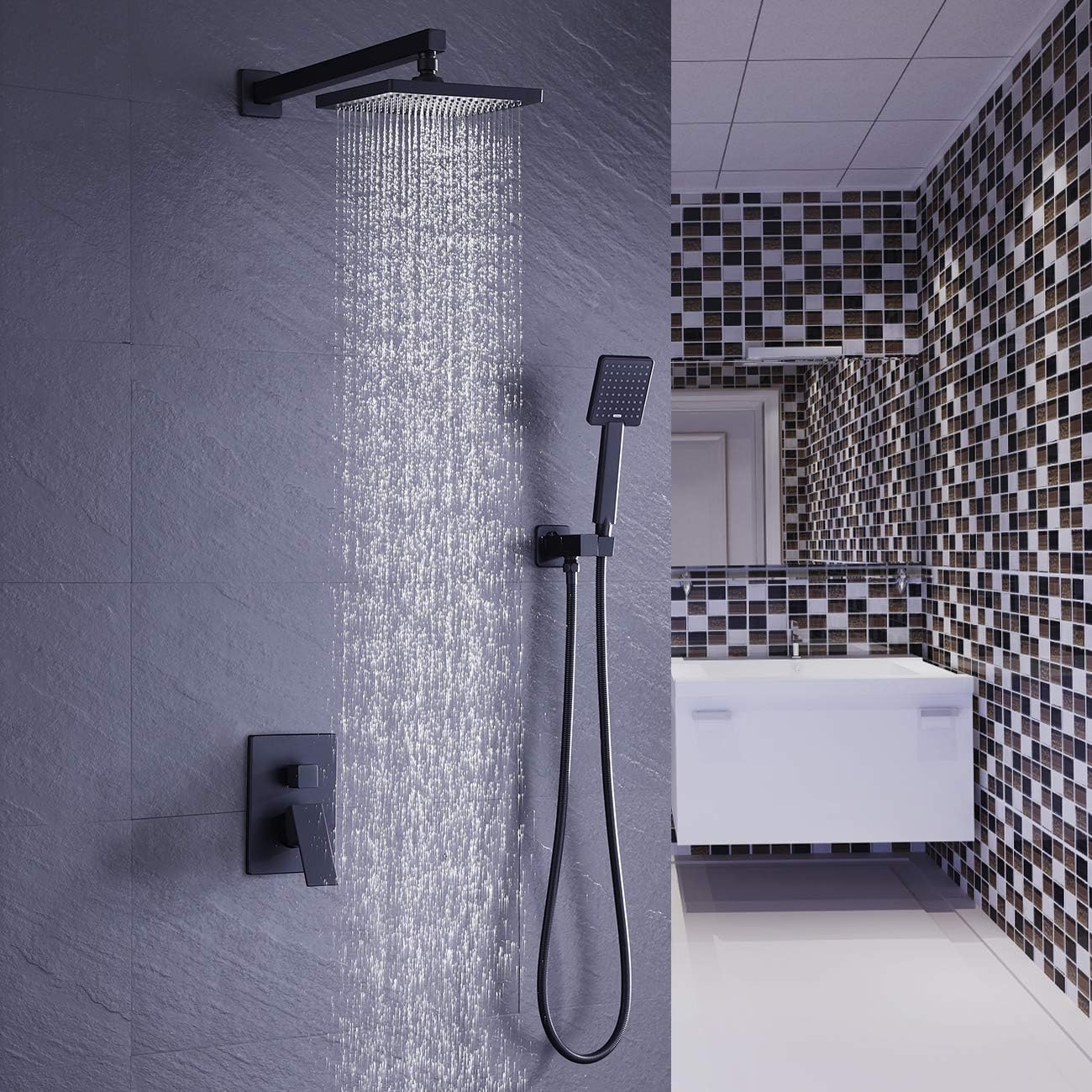 KES Shower System Bathroom Rainfall Shower Head Rain Mixer Shower Combo Set Wall Mount Matte Black (Including Shower Faucet Rough-In Valve Body and Trim), XB6223-BK - - 