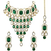 Aheli Crystal Pearl Choker Necklace with Earrings Maang Tikka Indian Traditional Bollywood Bharatanatyam jewellery set Gift for Women