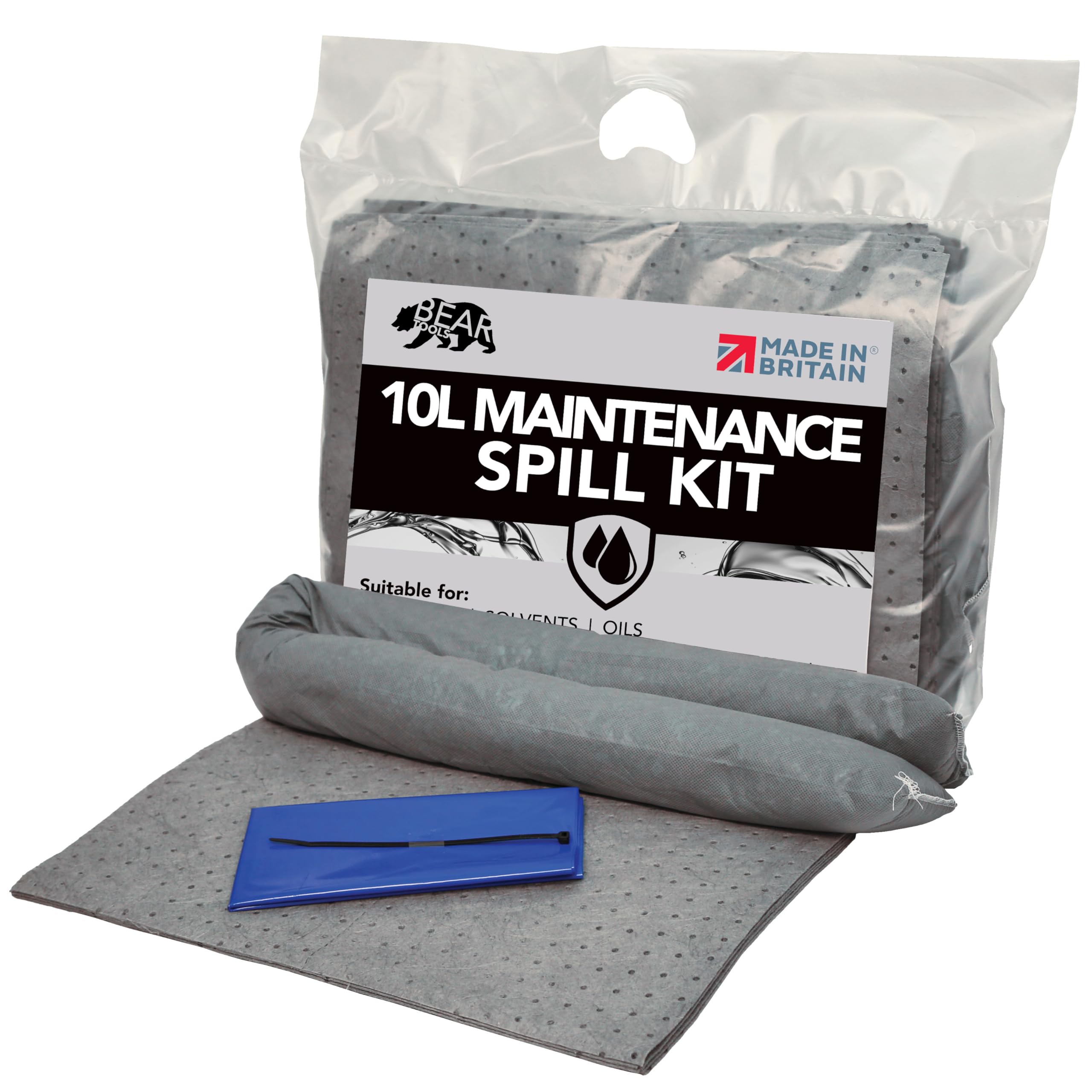 10L Spill Kit (Maintenance) UK Manufactured, Grey, Absorbs Non-Aggressive Oil and Water Based Fluids, For Indoor/Outdoor Use to contain General Liquid Spills, On-the-go Bag
