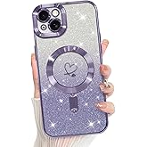 Bonoma Compatible with iPhone 15 Plus Case Support for MagSafe, Plating Heart Glitter Magnetic Case 2* Screen Protector TPU Camera Protection Back Cover for Girls Women -Purple