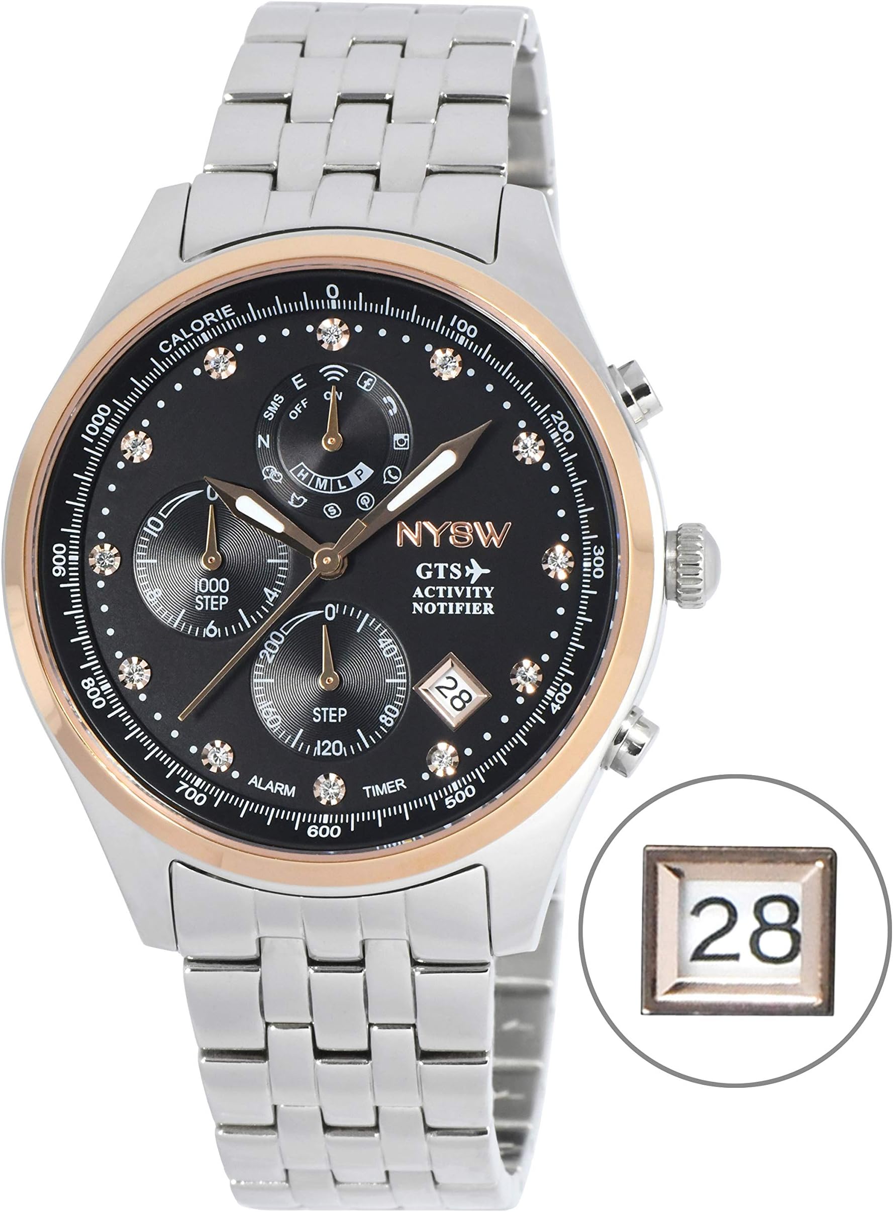 World Best Thinnest Luxury Swarovski Smart Watch Analog Atomic Fitness Activity Tracker Hybrid Smartwatch Reloj for Men Hombre Women Perpetual Calendar Smart Phone Link Feature: iPhone/Android