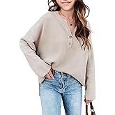 Girls Winter Sweaters 2026 Fashion Teen Tops Henley Kids V Neck Long Sleeve Loose Shirts Fall Warm Clothes