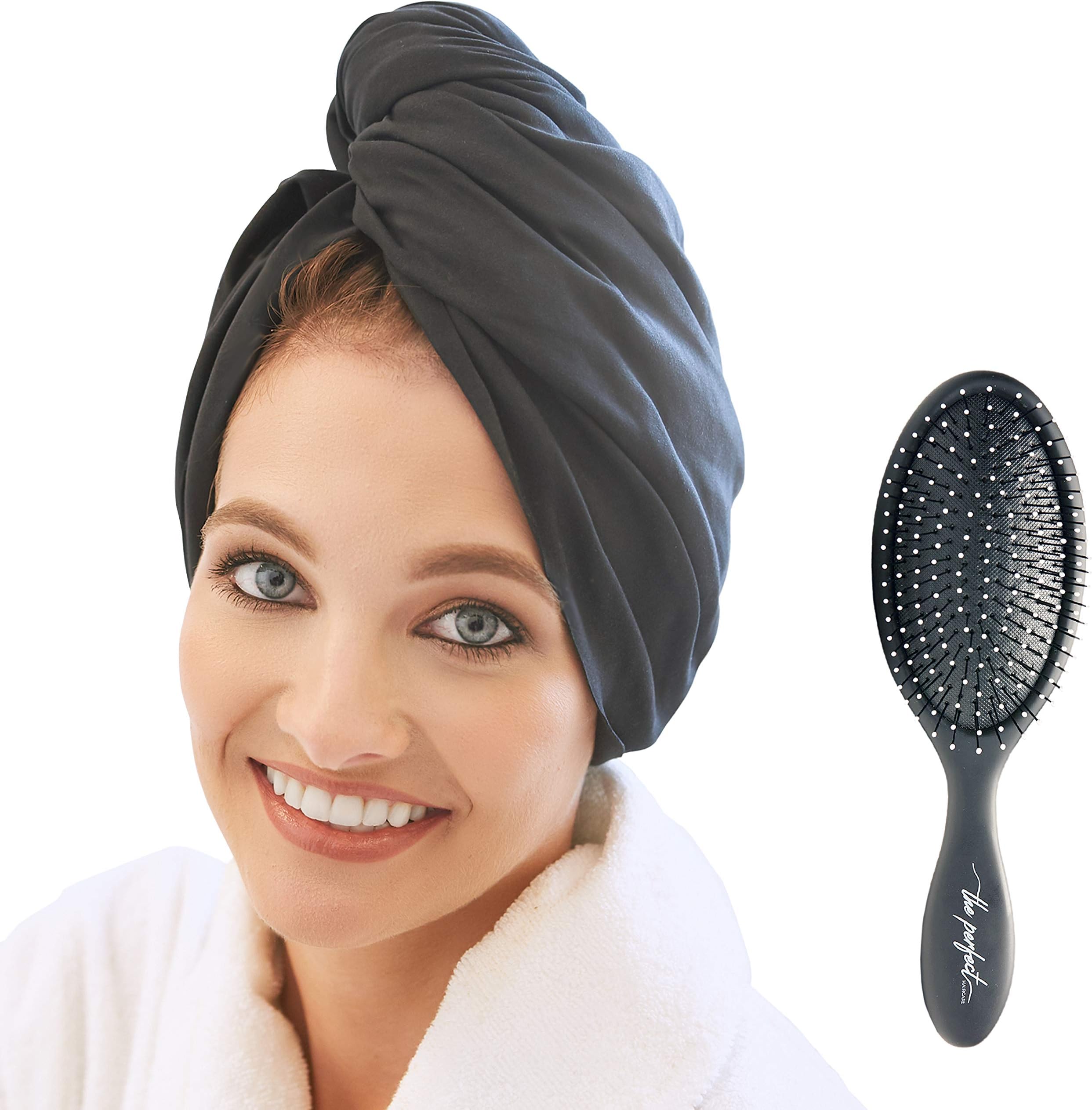 Ultra-Fine Microfiber Hair Towel Wrap - The Perfect Haircare - Anti-frizz Fast Drying Turban with Wet/Dry Brush