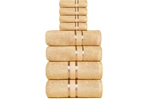 Dewall Maisons Biege 8-Piece Cotton Towel Set - Soft, Durable, & Highly Absorbent - Includes 2 Bath Towels, 2 Hand Towels, 4 Washcloths - Ideal for Modern Bathrooms – for Body, Face & Hands