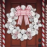 Canlierr Christmas Candy Cane Wreath for Front Door Red and White Candy Cane Christmas Wreath with Natural Pine Cones Bow for Xmas Front Door Outdoor Indoor Wall Window Fireplace Porch Decor