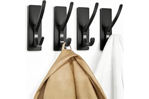 pickpiff Self Adhesive Coat Hooks for Hanging: Heavy Duty Stainless Wall Hook for Towel, Backpack, Hat, Sturdy Metal Hanger for Bathroom, Bedroom, Door, 4-Pack, Matt Black