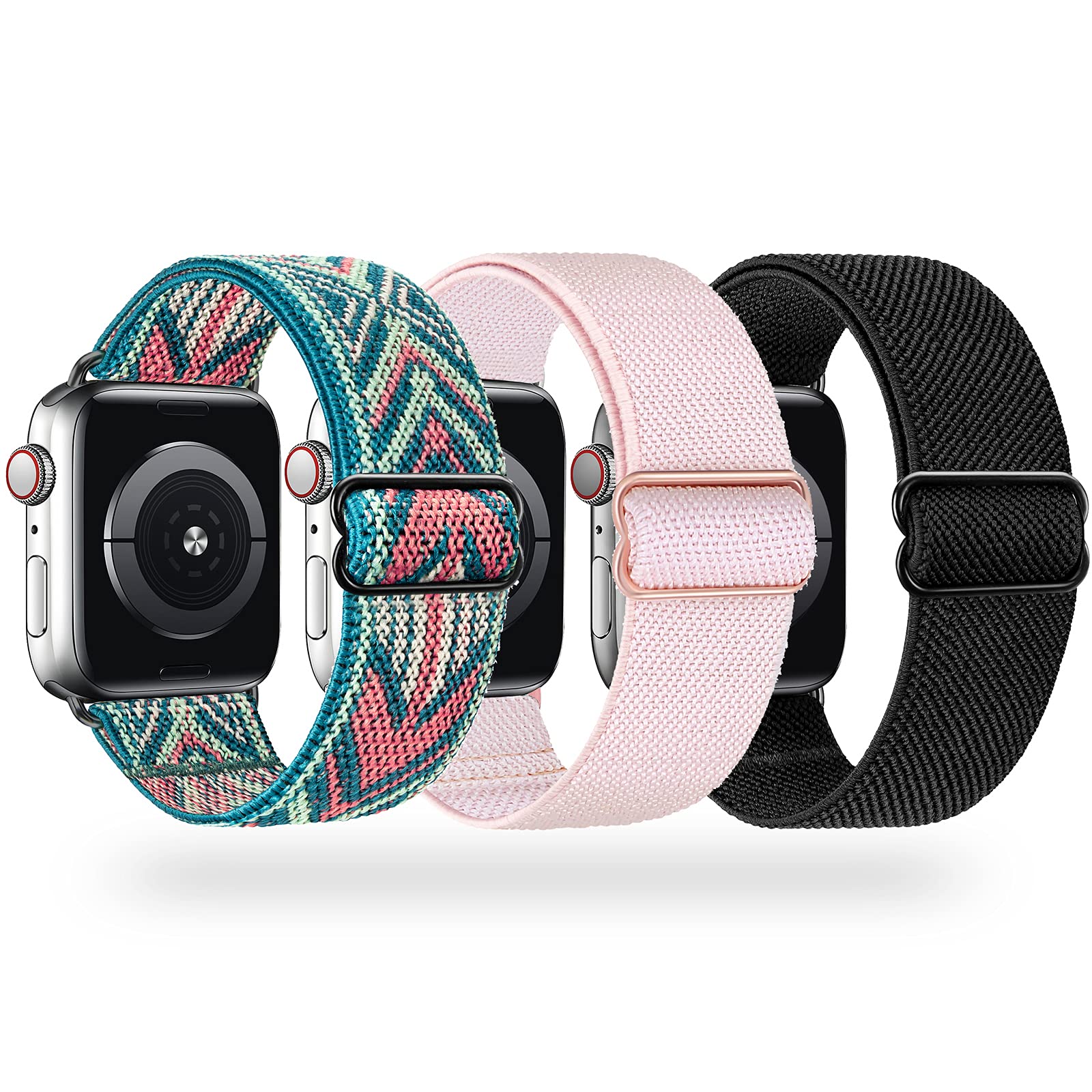 Stretchy Nylon Straps Compatible with Apple Watch Strap 38mm 40mm 41mm 42mm 44mm 45mm 46mm 49mm, Braided Sport Solo Loop Replacement Band for iWatch Series Ultra 10 9 8 7 6 SE 5 4 3 2 1, 3 Packs