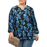Moon Wood Plus Size Tops for Women Tunic Fall Long Sleeve Blouses Casual Floral Printed V Neck Shirts Loose Fit