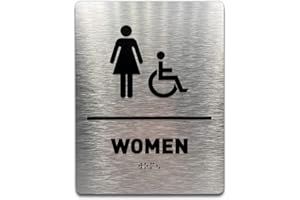 GDS ARCHITECTURAL SIGNAGE SOLUTIONS Women/Wheelchair Restroom Sign by GDS - ADA Compliant, Wheelchair Accessible, Raised Icons, Grade 2 Braille - Includes Adhesive Strips for Easy Installation - 6" W x 8" H (Brushed Aluminum)