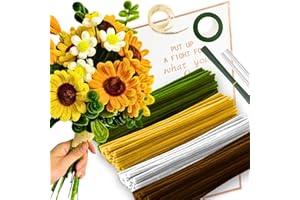NAFUXIAJJIA Sunflower Pipe Cleaner Kit with 150 Pcs Pipe Cleaners Colourful in 4 Colours(Brown,Dark Yellow,White,Green),8 Pcs Green Floral Wire,Floral Tape,Flower Wrapping Paper and Ribbon