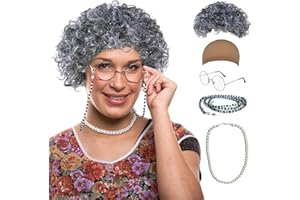 GenmeiFBH Old Lady Wig Costume Set,Gray Hair Grandma Wig,Granny Costume Set with Hair Cap,Glasses, Glasses Chain and Pearl Necklace, 5 Piece Set