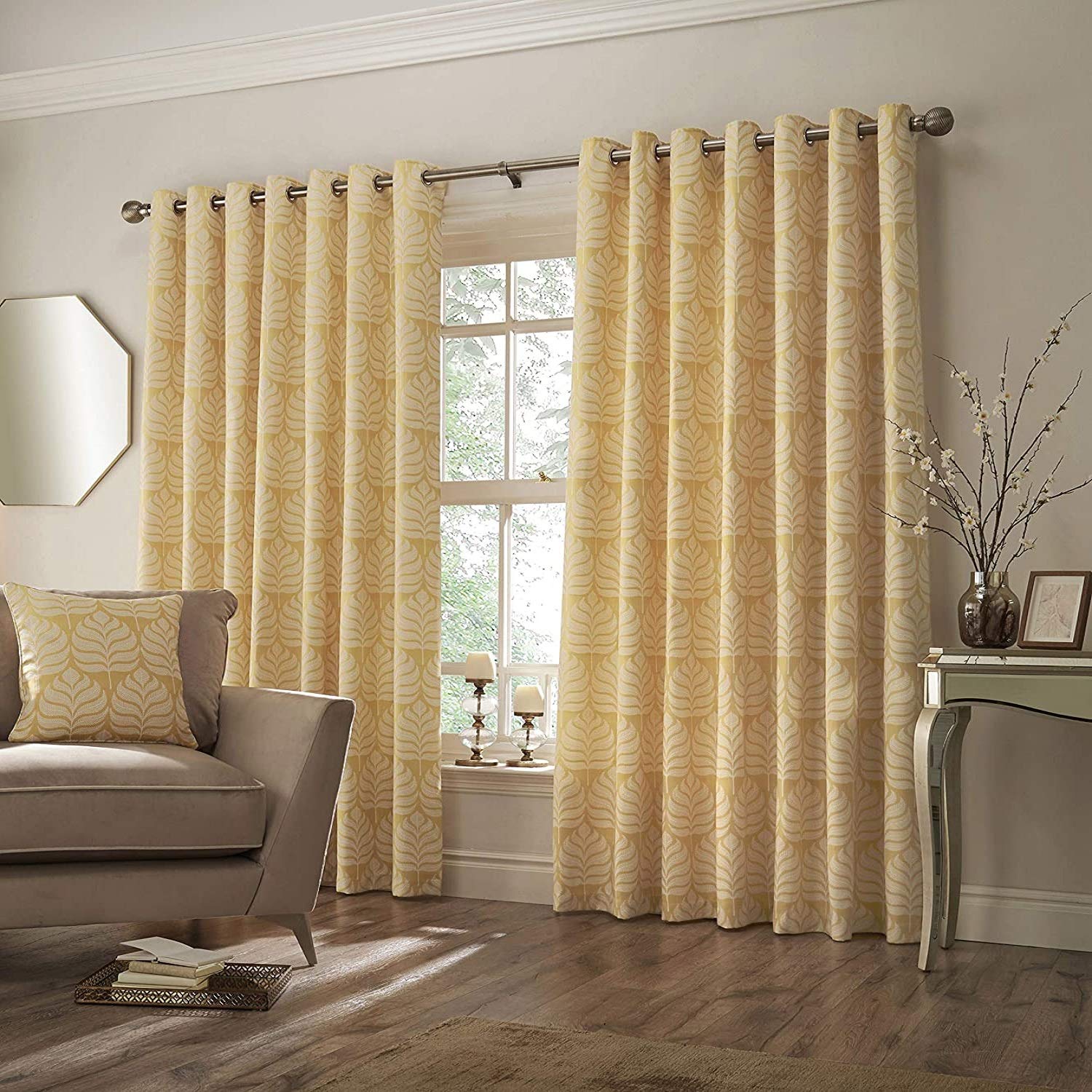 Paoletti Contemporary Horto Ringtop Eyelet Curtains, Ochre, 168 x 137cm