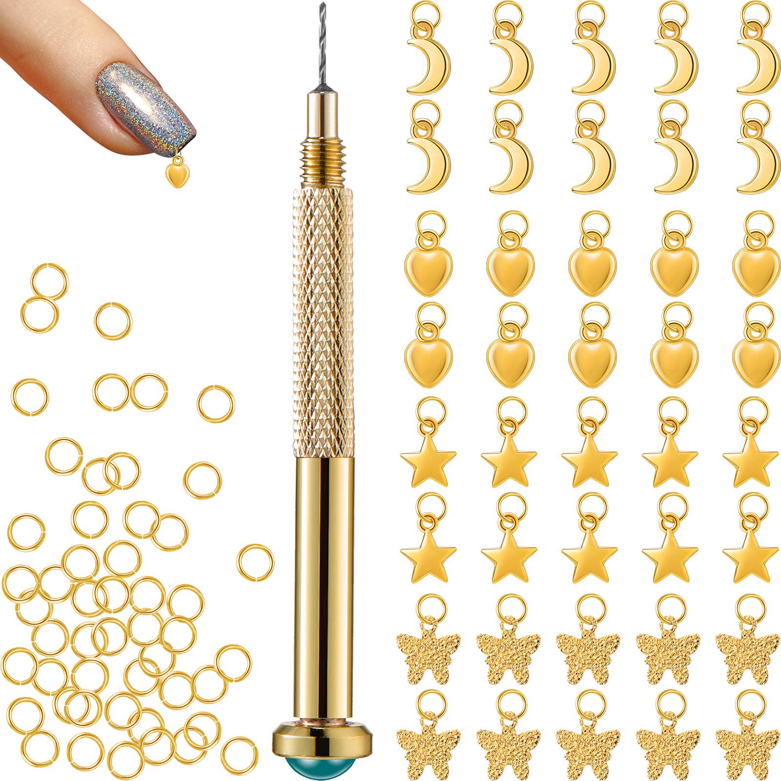 Hicarer 91 Pieces Nail Jewelry Rings with Piercing Tool Hand Drill, Pierced Fingernail Jewel Dangle Nail Art Golden Color Charms for Acrylic Tips DIY Art, Moon, Star, Butterfly, Heart