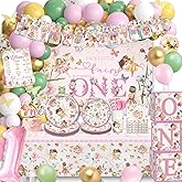 247pcs Fairy First Birthday Decorations, All-in-1 Fairy 1st Birthday Party Decorations with Tableware Backdrop Tablecloth Balloon Garland Kit, Fairy Party Supplies for Girls, Serves 20 Guests