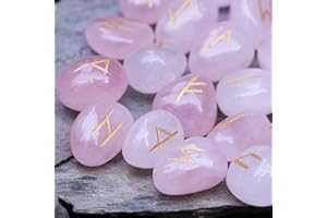 Crocon Rose Quartz Gemstone Rune Stone with Elder Futhark Alphabet Engraved Symbol 25 pcs Set for Feng Shui Reiki Crystal Healing Chakra Balancing Gift Home Decor Size: 15-20 mm