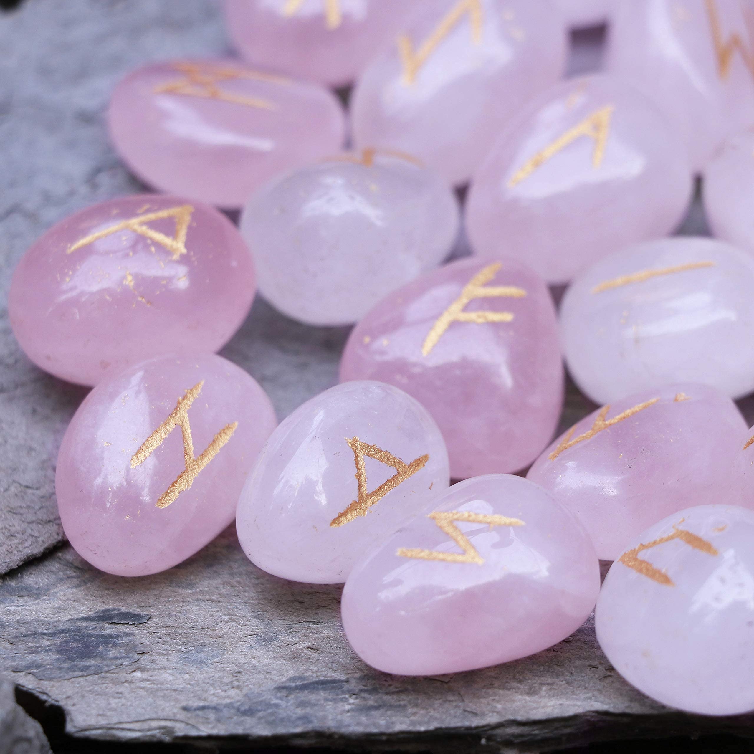 Crocon Rose Quartz Gemstone Rune Stone with Elder Futhark Alphabet Engraved Symbol 25 pcs Set for Feng Shui Reiki Crystal Healing Chakra Balancing Decor Size: 15-20 mm โ image 1