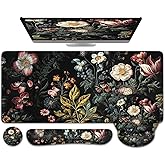 iCasso Desk Cover Mat, 4in1 Floral Large Mouse Pad with Wrist Rest, Desk Matt for Desktop, Anti-Slip XXL Big Computer Ergonomic Mousepad with Wrist Support for Keyboard and Mouse (Elegant Flowers)
