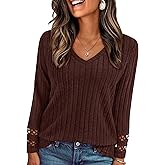 PRETTYGARDEN Women's Long Sleeve Shirts Ribbed Knit V Neck Tee Dressy Casual Blouses Going Out Tunic Tops 2026 Fall Outfits