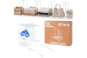 ZEBRICOLO shelf dividers, create 40% more closet space, Set of 8, 12 inch wire shelf dividers, closet organizers and storage,supremely sturdy,closet shelf organizer,Will not break,closet dividers,No Tool,White