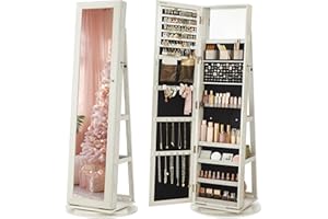 SONGMICS 360° Swivel Jewelry Cabinet, Lockable Jewelry Organizer with Full-Length Mirror, Rear Storage Shelves, Interior Mirror, Jewelry Armoire, Christmas Gifts, White with Gray Wood Grain UJJC006W01