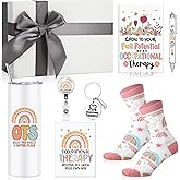 Sieral 8 Pcs Occupational Therapy Gifts Include 16 oz Tumbler with Lid Socks Notebook Pen Badge Reel Keychain Greeting Card Box OT Gifts for Occupational Therapist Assistant Women Xmas Birthday