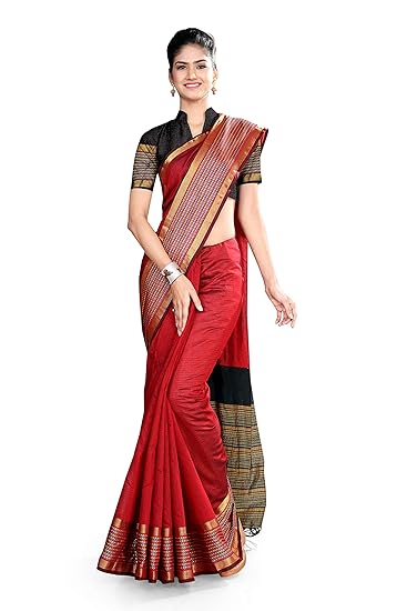 Uniform Sarees Corp Womens Poly Cotton Saree with Blouse Piece (D.No-806/2019, Red and Black)
