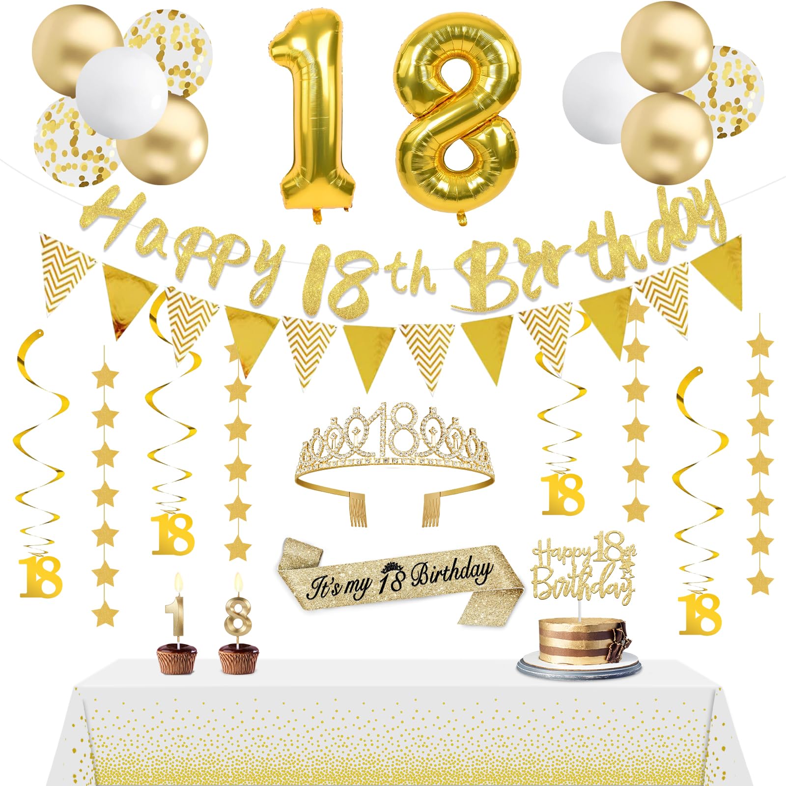 Photo 1 of 25Pcs 18th Birthday Decorations for Girls with 18th Birthday Banners,Tiara and Sash,Hanging Swirls,Star Garland, Table Cloth,Cake Toper and Candles,Balloons Gold White