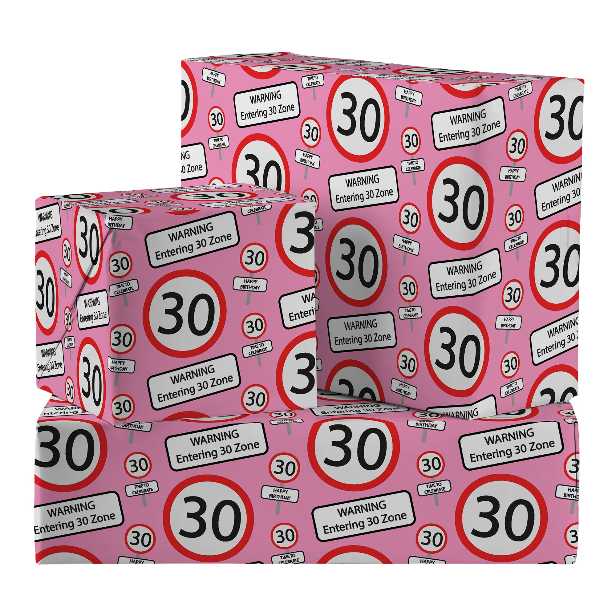 Hunts England - 2 Sheets Of Humorous 30th Birthday Luxury Wrapping Paper - Pink - Includes 2 Gift Tags - Age 30 Folded Gift Wrap For Him/Her - Road Sign Collection - Age Thirty Gift Wrap