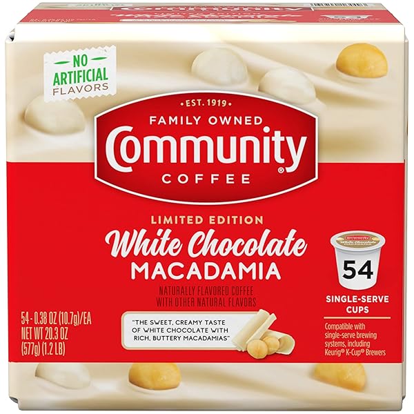 COMMUNITY COFFEE LIMITED EDITION WHITE CHOCOLATE MACADAMIA 54 COUNT FLAVORED COFFEE PODS, MEDIUM ROAST COMPATIBLE WITH KEURIG 2.0 K-CUP BREWERS