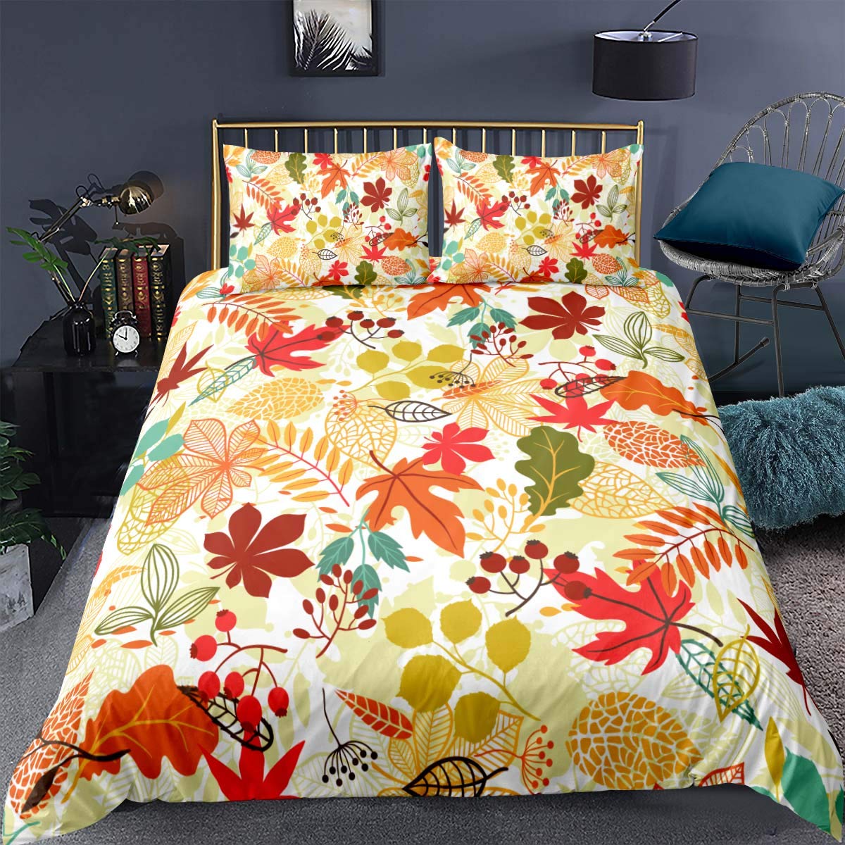 Loussiesd Thanksgiving Duvet Cover Set,Colorful Autumn Leaves Seasonal Foliage Maple Oak Aspen Trees Botany,Decorative 3 Piece Bedding Set with 2 Pillow Shams,King,Orange Comforter Cover